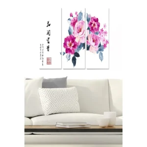 Premium Canvastavla i trä 3-delar 50x70 cm - Färgrik bukett av blommor i rosa och lila nyanser Rosa / Lila / Grå - Inredning