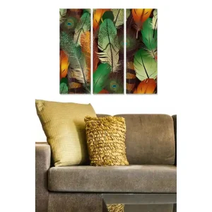 Canvastavla i trä 3-delar 50x70 cm - Färgglada fjädrar i en harmonisk komposition Grön / Orange / Brun - Inredning Expressleverans