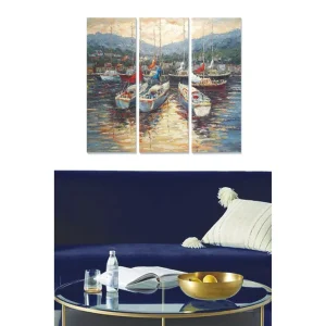 Canvastavla i trä 3-delar 50x70 cm - Segelbåtar i en hamn med speglingar i vattnet Blå / Vit / Röd - Inredning Snabb frakt