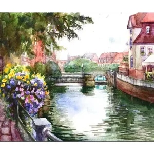 Canvastavla 70x100 cm - Vacker kanal med blommor i förgrunden och pittoreska byggnader i bakgrunden Grön / Blå / Lila - Inredning Sista chansen