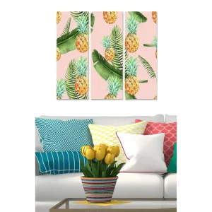 Canvastavla i trä 3-delar 50x70 cm - Tropisk komposition med ananas och gröna blad Gul / Grön / Rosa - Inredning Begränsad tid