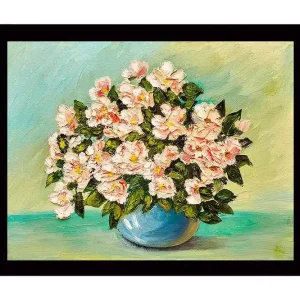risnedsättning Inramad Canvastavla i trä - 41x56 cm - Färgrik bukett av blommor i en blå vas Ljusrosa / Grön / Blå - Inredning