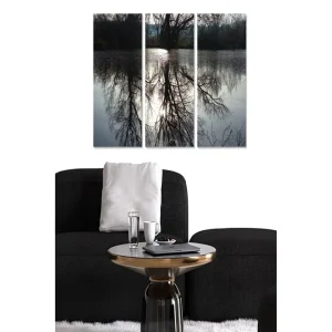Canvastavla i trä 3-delar 50x70 cm - Reflektion av träd i stilla vatten Grå / Svart / Vit - Inredning Premium