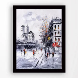Inramad Canvastavla i trä - 41x56 cm - Livlig stadsbild med människor som promenerar i en höstlig miljö Grå / Orange / Röd - Inredning Erbjudande