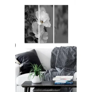 Lågt pris Canvastavla i trä 3-delar 50x70 cm - Svartvit bild av en ros med en bi som sitter på blomman Vit / Svart / Grå - Inredning