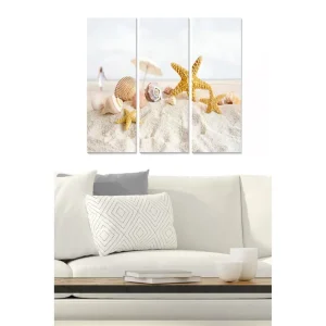 Endast denna vecka Canvastavla i trä 3-delar 50x70 cm - Strandmotiv med snäckor och sjöstjärnor Guld / Beige / Vit - Inredning
