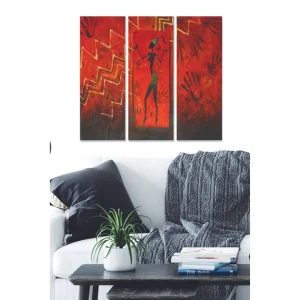 Rea Canvastavla i trä 3-delar 50x70 cm - Abstrakt figur med dansande silhuett på en röd bakgrund Röd / Svart / Grön - Inredning