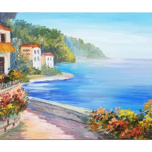 I lager Canvastavla 70x100 cm - Vacker kustlandskap med vita hus och blomstrande växter vid havet Blå / Grön / Orange - Inredning