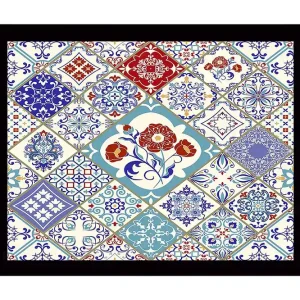 Kundfavorit Inramad Canvastavla i trä - 41x56 cm - Mönstrad kakelkomposition med blommotiv och geometriska former Blå / Röd / Vit - Inredning