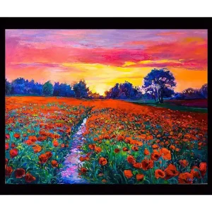 risnedsättning Inramad Canvastavla i trä - 41x56 cm - Färgrik vallmoäng under en solnedgång Orange / Grön / Lila - Inredning