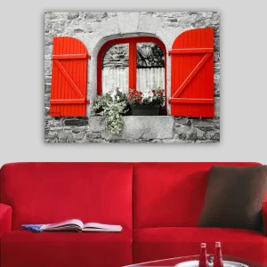 Canvastavla 70x100 cm - Fönster med röda luckor och blommor i en gråstensvägg Röd / Grå - Inredning Säker betalning