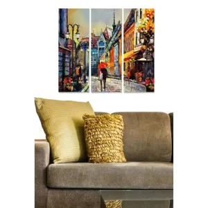 Billigare Canvastavla i trä 3-delar 50x70 cm - Vacker stadsgata med en person som bär ett rött paraply Röd / Blå / Gul - Inredning