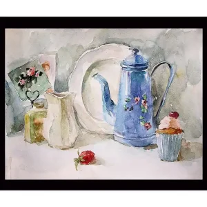 Köp nu Inramad Canvastavla i trä - 41x56 cm - Vacker dukning med en blå kanna och bakverk Blå / Vit / Grön - Inredning