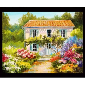 Nyhet Inramad Canvastavla i trä - 41x56 cm - Vacker villa omgiven av blomstrande trädgård Grön / Rosa / Gul - Inredning