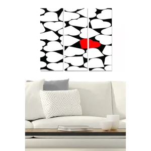 Canvastavla i trä 3-delar 50x70 cm - Abstrakt komposition med hjärtformade element Röd / Svart / Vit - Inredning Populär