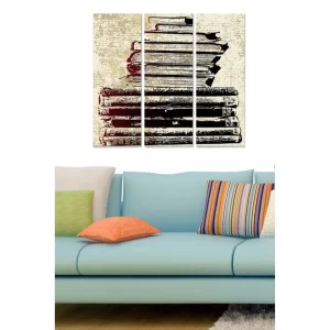 Nyhet Canvastavla i trä 3-delar 50x70 cm - Stapel av gamla böcker i svart och vitt Svart / Beige - Inredning