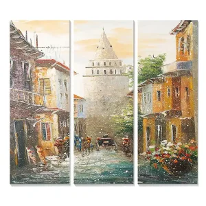 Snabb frakt Canvastavla i trä 3-delar 50x70 cm - Gammal stad med historiska byggnader och en tornliknande struktur i centrum Orange / Grön / Blå - Inredning