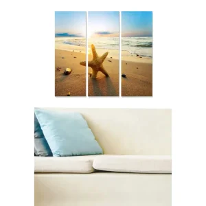 Säker betalning Canvastavla i trä 3-delar 50x70 cm - Stjärnformad sjöstjärna på en sandstrand vid solnedgången Guld / Blå / Beige - Inredning