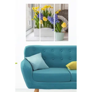 Canvastavla i trä 3-delar 50x70 cm - Färgrik bukett av blommor i krukor Gul / Lila / Grön - Inredning Billig