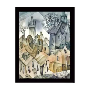 Inramad Canvastavla i trä - 41x56 cm - Abstrakt stadslandskap med böljande hus och torn Grå / Beige / Ljusblå - Inredning Endast denna vecka