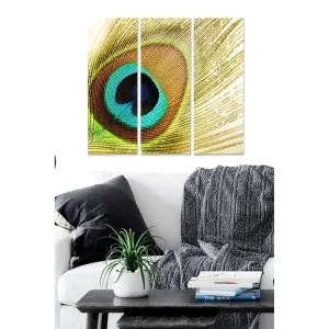 Reapris Canvastavla i trä 3-delar 50x70 cm - Färgglad fjäder med öga-liknande mönster Turkos / Guld / Svart - Inredning