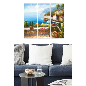 Canvastavla i trä 3-delar 50x70 cm - Vacker kustutsikt med färgglada hus och blomsterarrangemang Blå / Grön / Röd - Inredning Endast idag