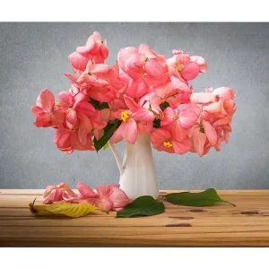 Populärt val Canvastavla 70x100 cm - Vacker bukett med rosa blommor i en vit vas Rosa / Grön / Gul - Inredning