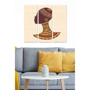 Canvastavla i trä 3-delar 50x70 cm - Silhuett av en kvinna med traditionella mönster och färger Mörkbrun / Orange / Beige - Inredning Fynd