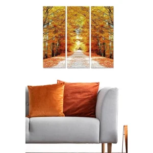 Canvastavla i trä 3-delar 50x70 cm - Gyllene höstskog med en väg som leder genom träden Guld / Orange / Brun - Inredning Snabb frakt