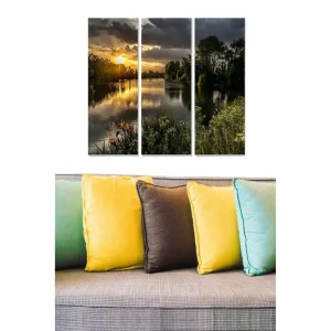 risnedsättning Canvastavla i trä 3-delar 50x70 cm - Solnedgång över en spegelblanka sjö med omgivande grönska Guld / Grön / Blå - Inredning