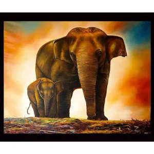Inramad Canvastavla i trä - 41x56 cm - Storslagen elefant med ett kalv som står nära sin mor Brun / Orange / Beige - Inredning Lägg i varukorgen