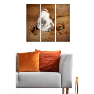 Canvastavla i trä 3-delar 50x70 cm - Hjärta av trä med stenar i varma nyanser Brun / Beige / Orange - Inredning Sista chansen