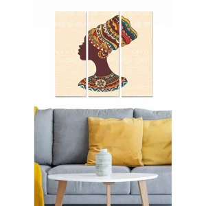 Canvastavla i trä 3-delar 50x70 cm - Silhuett av en kvinna med färgglad huvudbonad och traditionella mönster Mörkbrun / Gul / Röd - Inredning Beställ nu