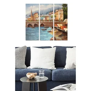 Canvastavla i trä 3-delar 50x70 cm - Vacker hamn med färgglada båtar och historiska byggnader vid vattnet Blå / Beige / Grön - Inredning Premium