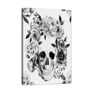 Canvastavla 70x100 cm - Dödskalle omgiven av vackra blommor i svart och vitt Svart / Vitt / Grått - Inredning Snabb frakt
