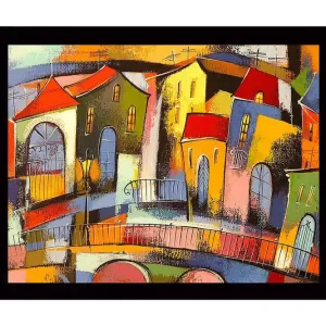 Köp nu Inramad Canvastavla i trä - 41x56 cm - Färgglad stadsbild med snedställda hus och broar Röd / Grön / Gul - Inredning