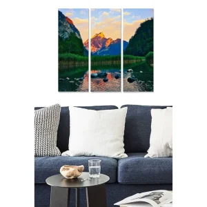 Rabatt Canvastavla i trä 3-delar 50x70 cm - Storslagen berglandskap med spegelbild i stilla vatten Grön / Blå / Orange - Inredning