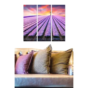 Billig Canvastavla i trä 3-delar 50x70 cm - Lavendelfält under en färgsprakande himmel Lila / Grön / Orange - Inredning