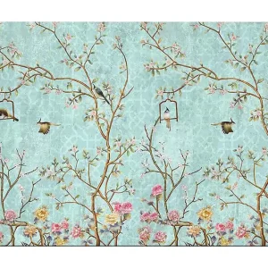 Utförsäljning Canvastavla 70x100 cm - Färgglada fåglar som sitter på grenar med blommor mot en ljusblå bakgrund Ljusblå / Rosa / Brun - Inredning