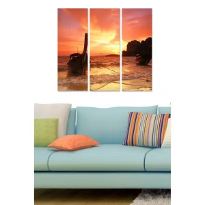 Canvastavla i trä 3-delar 50x70 cm - Solnedgång över havet med båtar i silhuett Orange / Guld / Blå - Inredning Kundfavorit