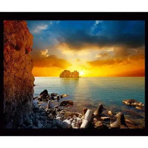 Inramad Canvastavla i trä - 41x56 cm - Solnedgång över havet med klippformationer i förgrunden Orange / Blå / Grå - Inredning Beställ nu