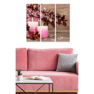 Utförsäljning Canvastavla i trä 3-delar 50x70 cm - Rosa ljus omgivna av blommor och trädetaljer Rosa / Brun / Grå - Inredning