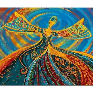 Snabb frakt Canvastavla 70x100 cm - Dansande figur med utsträckta armar i en färgglad och livfull komposition Blå / Orange / Grön - Inredning
