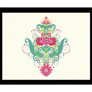 Inramad Canvastavla i trä - 41x56 cm - Färgglad blomsterdesign med spiraler och ornamentala detaljer Grön / Rosa / Turkos - Inredning Kampanj