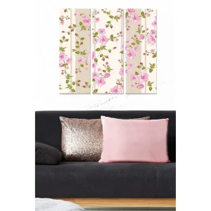 Populärt val Canvastavla i trä 3-delar 50x70 cm - Blommönster med rosa blommor och gröna blad Rosa / Grön / Beige - Inredning