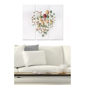 Canvastavla i trä 3-delar 50x70 cm - Hjärtformad komposition av torkade blommor och gröna blad Rosa / Grön / Beige - Inredning Bästa pris