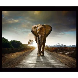 Inramad Canvastavla i trä - 41x56 cm - Storslagen elefant som går längs en väg i en dramatisk landskapsmiljö Grå / Brun / Grön - Inredning Handla nu