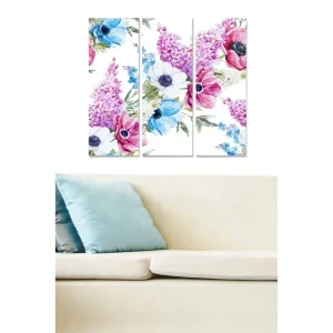 Canvastavla i trä 3-delar 50x70 cm - Färgrik bukett av blommor i pastelltoner Lila / Blå / Rosa - Inredning Rea
