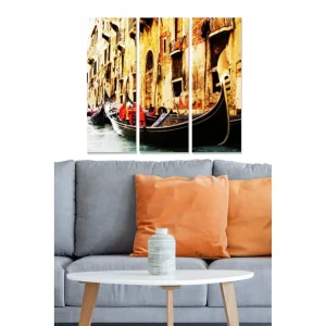 Lågt pris Canvastavla i trä 3-delar 50x70 cm - Gondoler i en venetiansk kanal med färgglada kläder Guld / Röd / Svart - Inredning