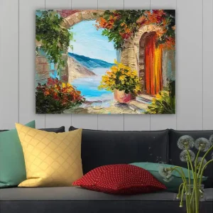 Trygg betalning Canvastavla 70x100 cm - Färgglad utsikt genom en båge med blommor och hav i bakgrunden Blå / Orange / Grön - Inredning